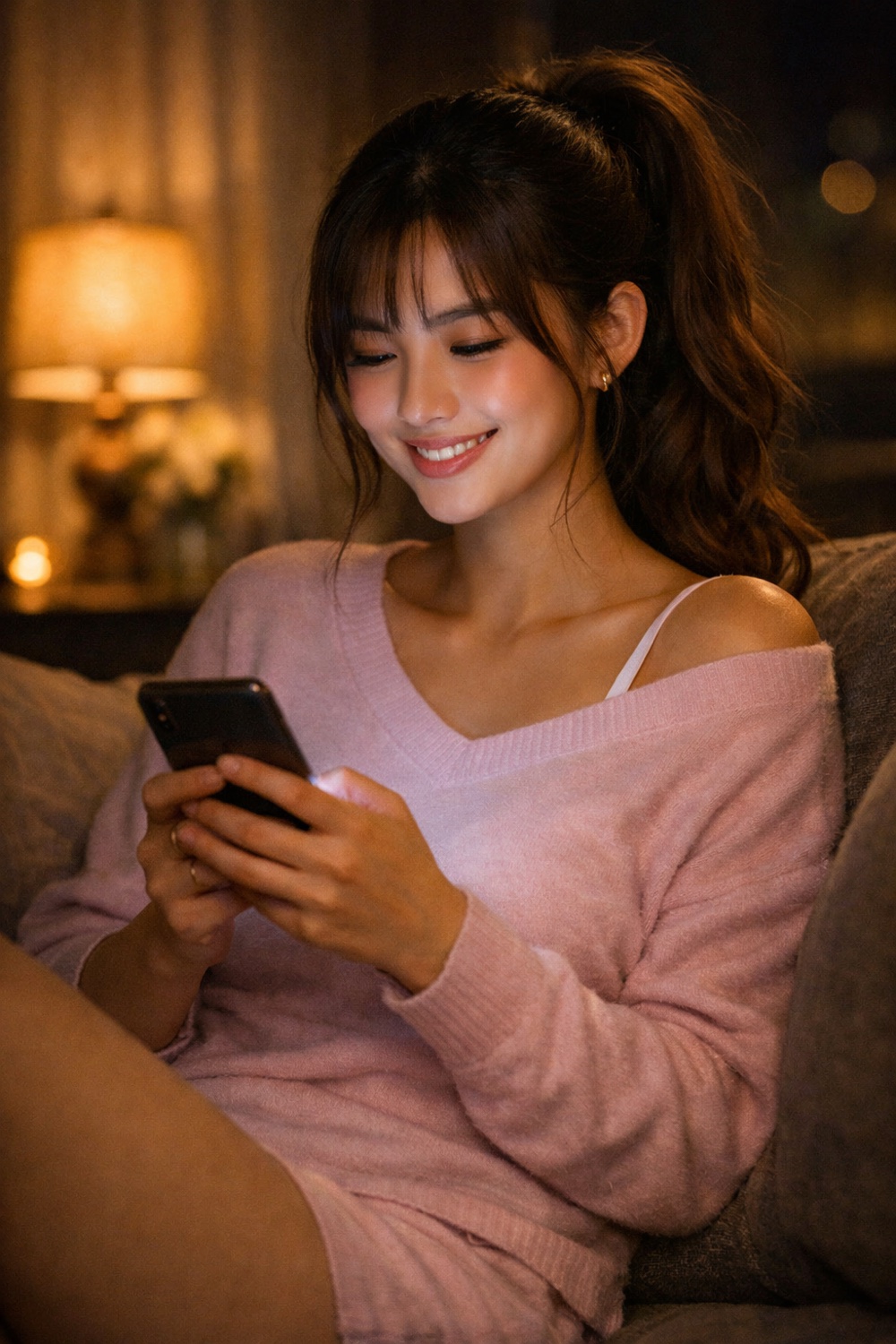 Mia smiling at her phone, texting back