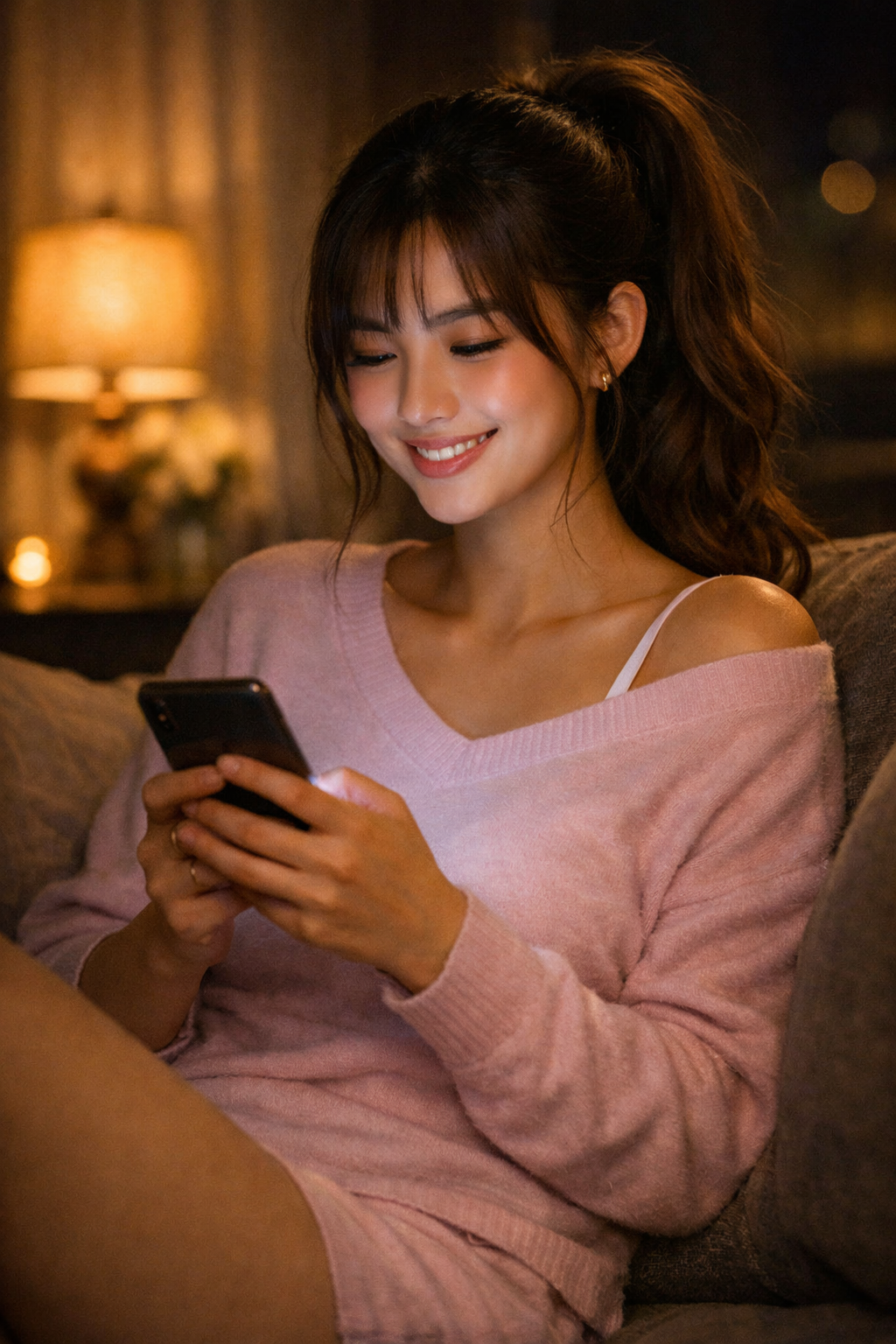 Mia smiling at her phone, texting back